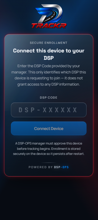 TRACKR secure enrollment screen with DSP code entry