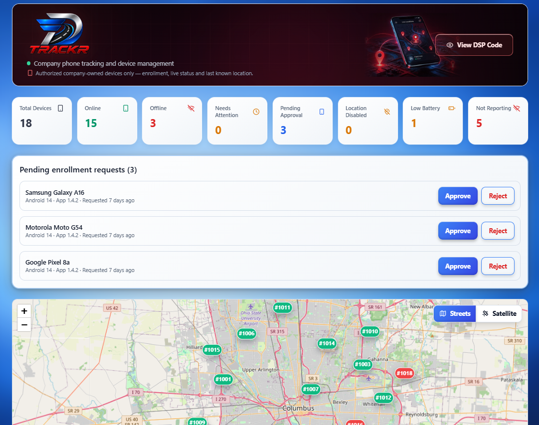 TRACKR desktop management dashboard showing device stats, pending enrollment requests, and a live map of company devices