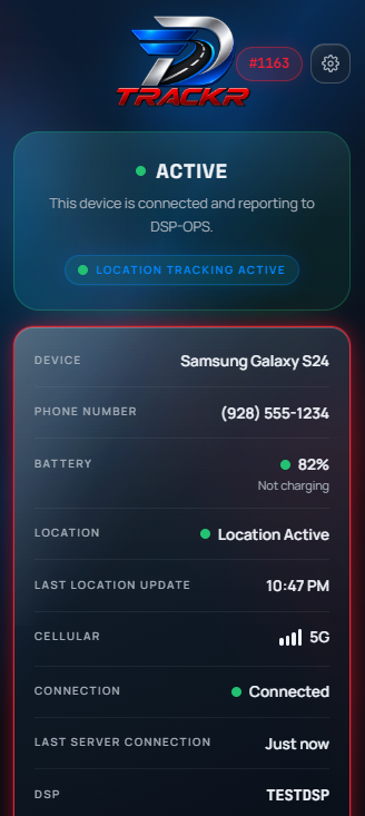 TRACKR app device status screen showing an active connection with battery, location, cellular and DSP details